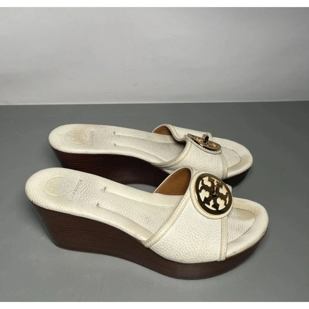 Tory Burch Women's White Leather Slide Wedge Sandals Gold Logo Slip-On US 10.5M